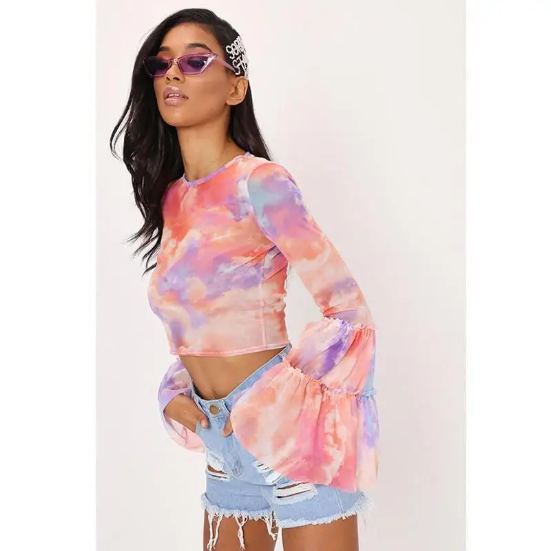 

Crop Tops Print Perspective Ladies Tee Shirts 2019 Flare Sleeve Fresh And Sweet Shirt Mesh Crop Top Long Sleeve Rainbow Shirt