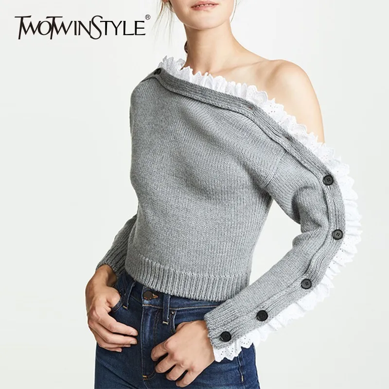 TWOTWINSTYLE Patchwork Lace Ruffle Sweater Pullover Women Slash Neck Long Sleeve Knitted Tops Female Casual 2018 Autumn Winter | Женская