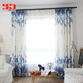 

Chinese ink painting cotton linen curtains for living room watercolor lotus blue drapes window treatments panel home decorative