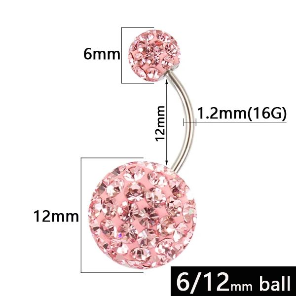 Belly button ring 6/12 mm ball 16G not allergic stainless steel piercing aurora white pink top quality navel bar body jewelry - Окраска металла: Pink length 12mm