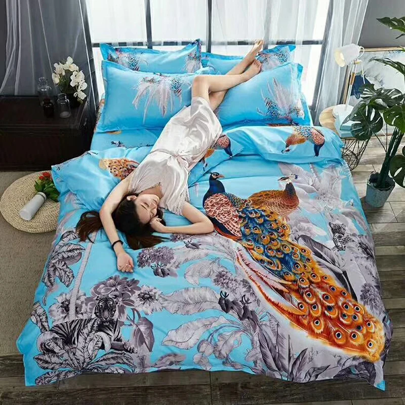 

2018 New Teal Blue Pillowcases Flat Sheet Duvet Cover Set 4 Pieces Peacock and Plant 100% Polyester Bedding Set