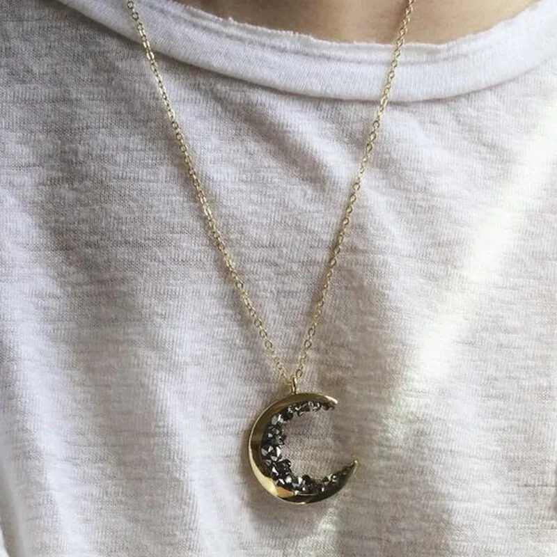 Черный Рудный камень планета полумесяц Кулон ожерелье кристалл Сейлор Шарм цепь золотой тон для женщин массивные ювелирные изделия