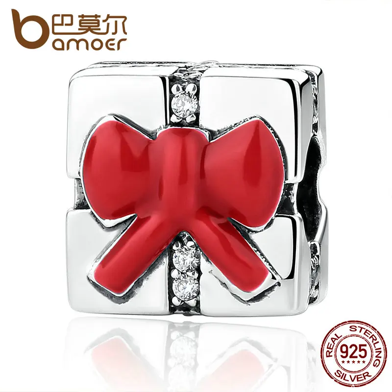

BAMOER 925 Sterling Silver Small Charm Red Bow Knot Christmas Gift Charms fit Women Bracelets Necklaces DIY Accessories SCC073