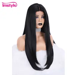 Imstyle прямые черные синтетические волосы на кружеве парики длинные яки волосы для женщин средняя часть Термостойкое волокно натуральные