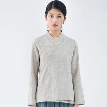 

Cotton Coat Cheongsam Improved Chinese Clothing Cross Collar Loose Long Sleeve Shirt