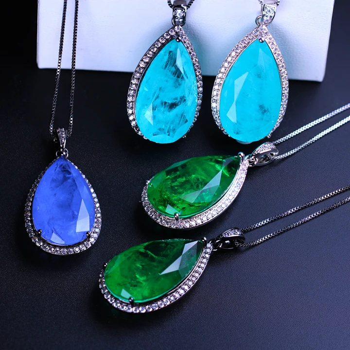 Ожерелье с кулоном из зеленого камня, подвеска в виде капли воды, персонализированное ожерелье с длинной цепочкой из AAA+ Кубического циркония для женщин, подарок PFX019