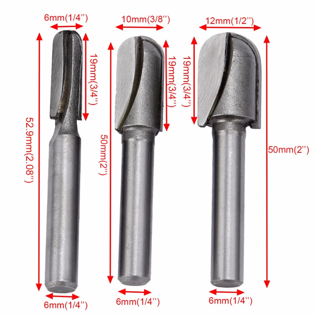 3 шт 1/" хвостовик круглый нос фрезы Набор 1/4" 3/" 1/2" Диам шаблон шаровой деревообрабатывающий фрезы