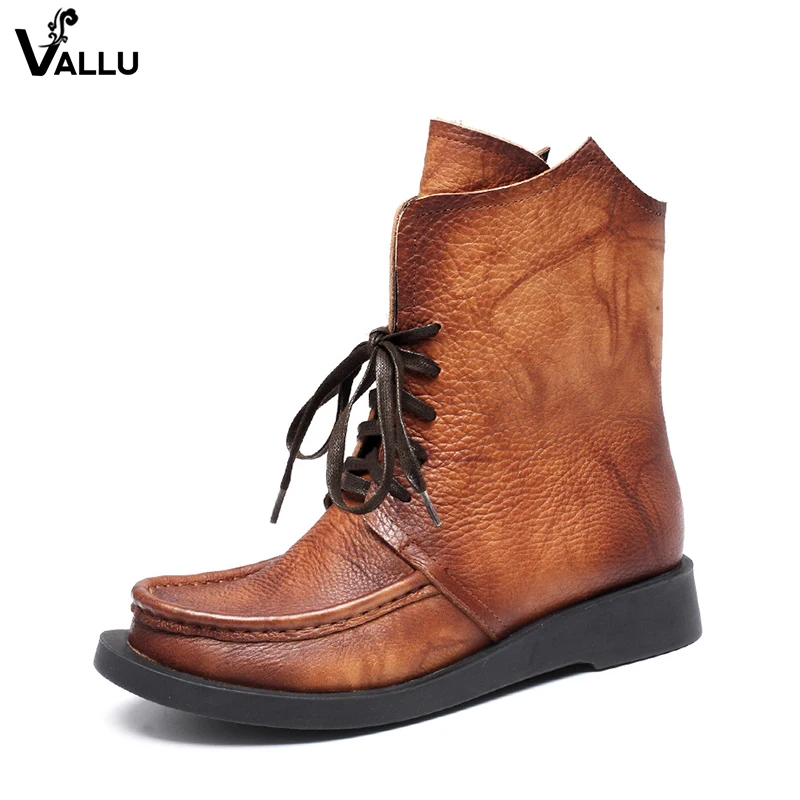 

Lace-Up Ankle Boots Shoes Woman Low Heel Vintage Italy Lady Booties Handmade Cow Leather Factory Female Comfortable Shoes