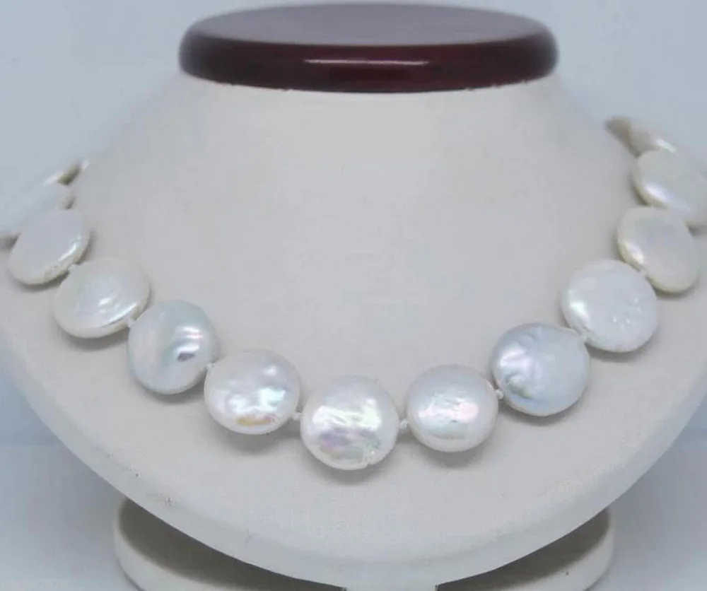 

Free Shipping >>>>>11-12mm Natural White Freshwater Pearl Coin Beads Necklace 18
