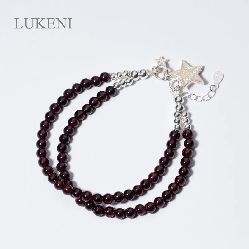 

Hot Selling S925 Sterling Silver Temperament Natural Garnet Stone &Lucky Double Layer Bracelet For Girl To Gift Jewelry