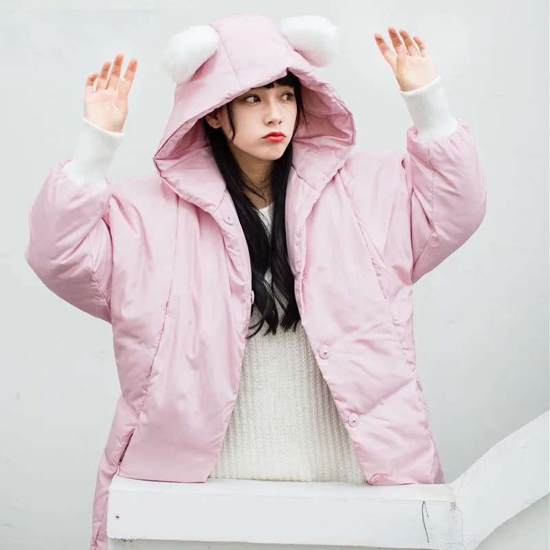 Cute Hooded Ear 2018 Winter Jacket Women Thick Long Women Parkas Female Outwear Coat Down Cotton Padded Snow White Pink kawaii Coats
