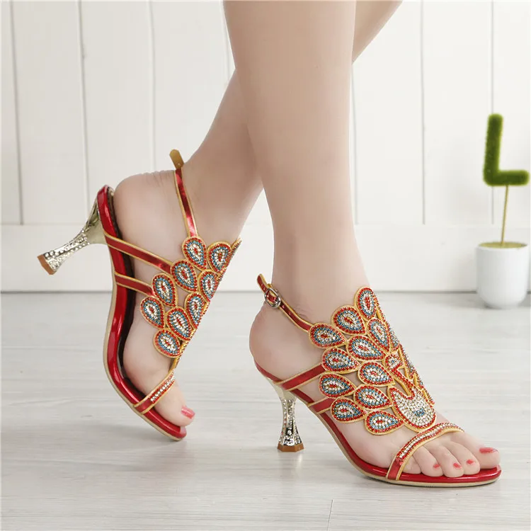 G-sparrow 2018 Summer New Korean Sexy Red Rhinestone Sandals Stiletto High Heel Diamonds Comfortable Womens Shoes Large Size8