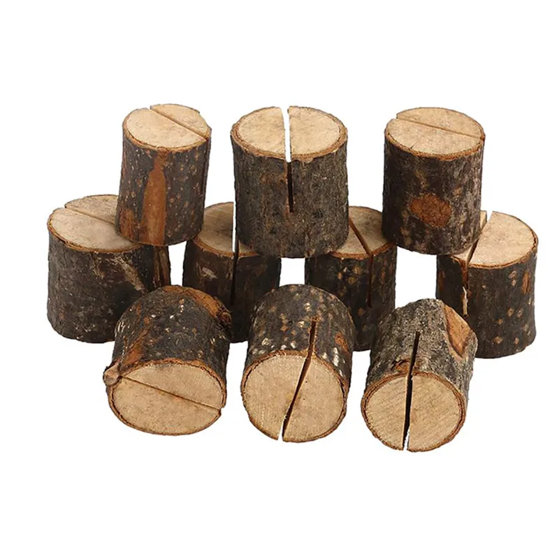 

10pcs Wooden Stump Shape Wedding Party Reception Place Card Holder Stand Number Name Table Menu Picture Photo Clip Card Holder