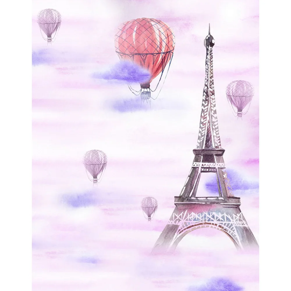 Pastel Purple Clouds Hot Air Balloon Backdrop Printed Eiffel Tower Newborn Baby Shower Props Kids Girl Birthday Party Background |