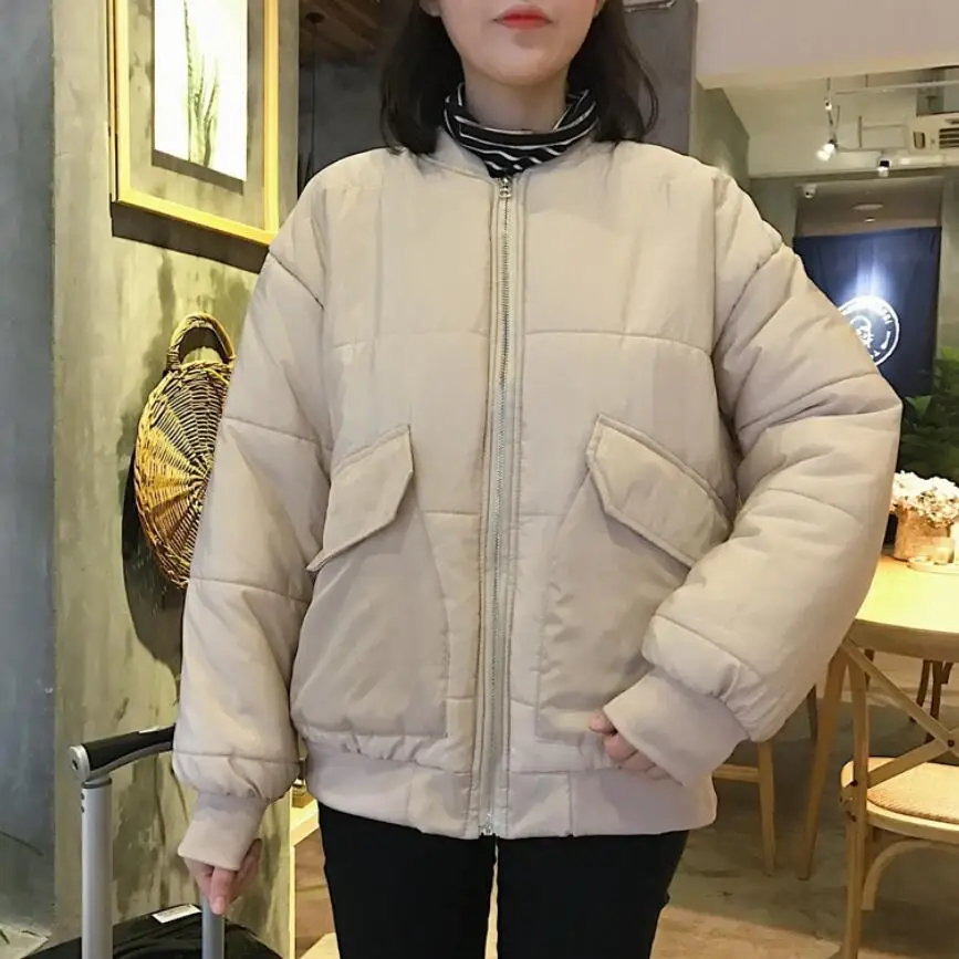Pengpious padded Femlae Casual Warm Keep Baseball Big Outwear Solid Jacket Black Women Pocket Cotton Color Thick Clothes eige B4wBqr