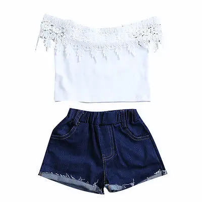 

Tops Short Sleeve Denim Shorts Hot Pants Outfits Summer Clothing Toddler Kids Baby Girls Clothes Sets White Lace
