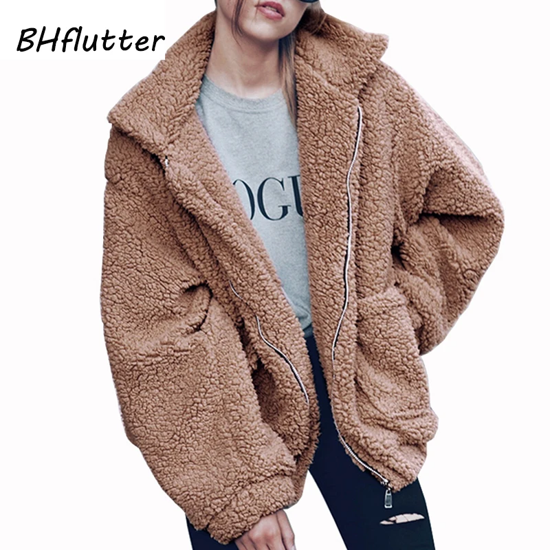 

BHflutter 2019 Winter Jackets Women Fashion Long Sleeve Zipper Fleece Warm Coats Female Pockets Casual Outerwear chaqueta mujer
