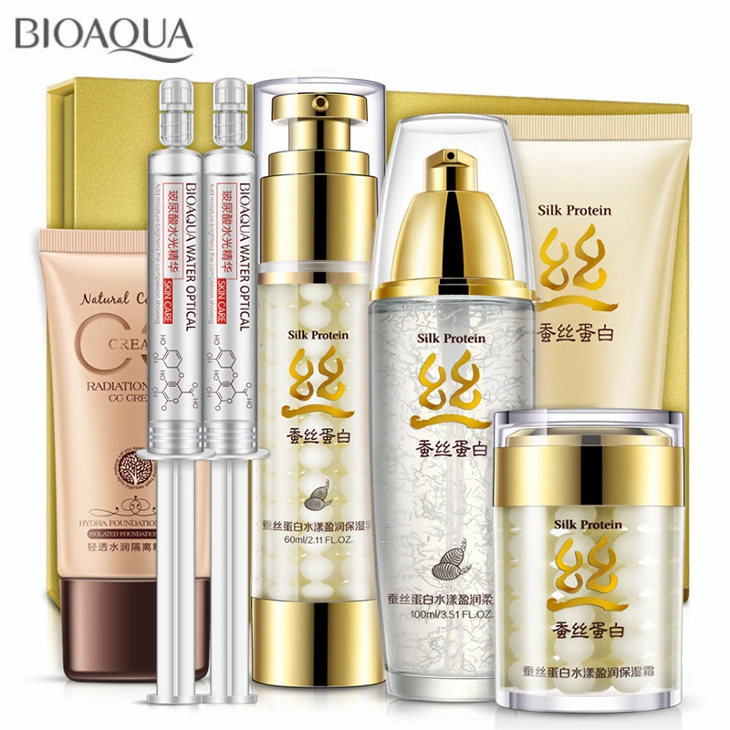 

BIOAQUA Silk Protein Skin Care Set 7Pcs Deep Moisturizing Hyaluronic Acid Liquid Anti Wrinkle Anti Aging Collagen Essence Cream