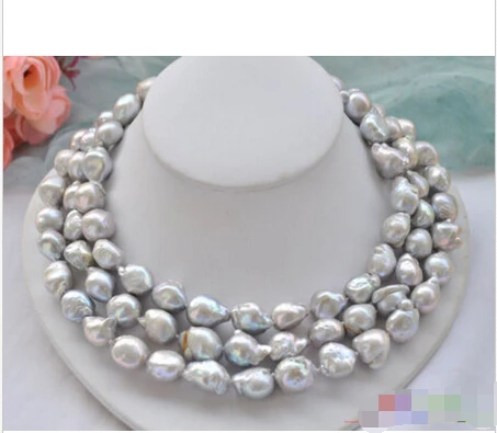 

FREE SHIPPING>>>@@ > P4934 3row 18" 18mm GRAY BAROQUE KESHI REBORN PEARL NECKLACE^^^@^Noble style Natural Fine jewe &