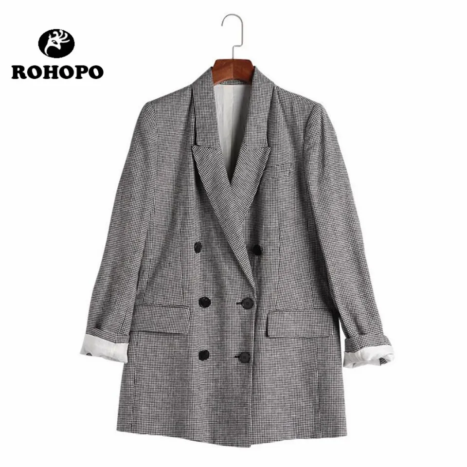 ROHOPO Blazer Women Houndstooth Casual Blazer Female Double Buttons Quality V Neck Outwear Woman Chic Breathable Jacket Girl ROHOPO Blazer Women Houndstooth Casual Blazer Female Double Buttons Quality V Neck Outwear Woman Chic Breathable Jacket Girl