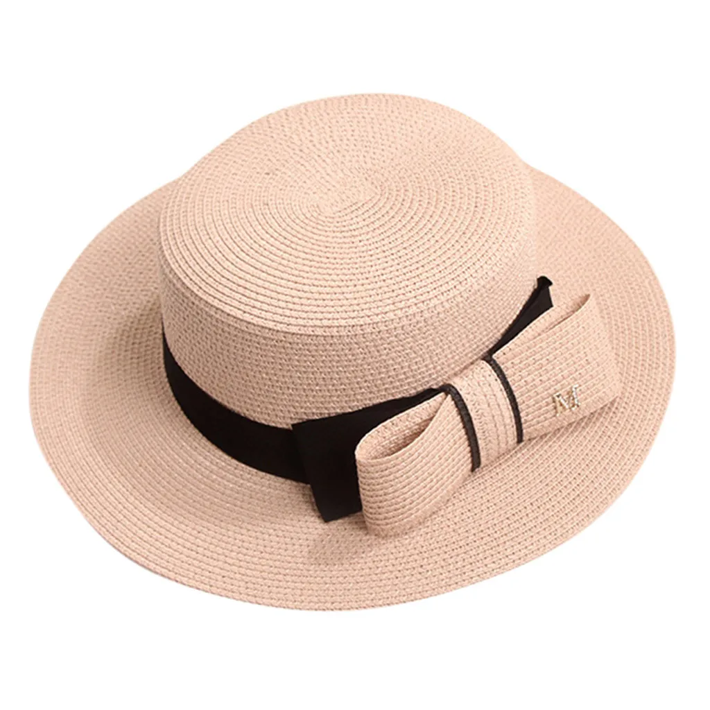 Простая летняя пляжная шляпа для родителя и ребенка, Женская Повседневная Панама, женская брендовая шляпа, плоский бант края, соломенная кепка, шляпа от солнца для девушек# P3 - Цвет: Розовый