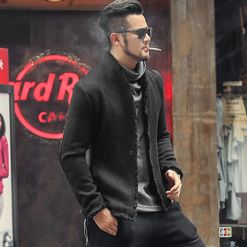 New Spring Retro Black Fur-trimmed Casual Slim Black European Style Suit for Men Stand Collar Men Suit Blazer Brand F8288