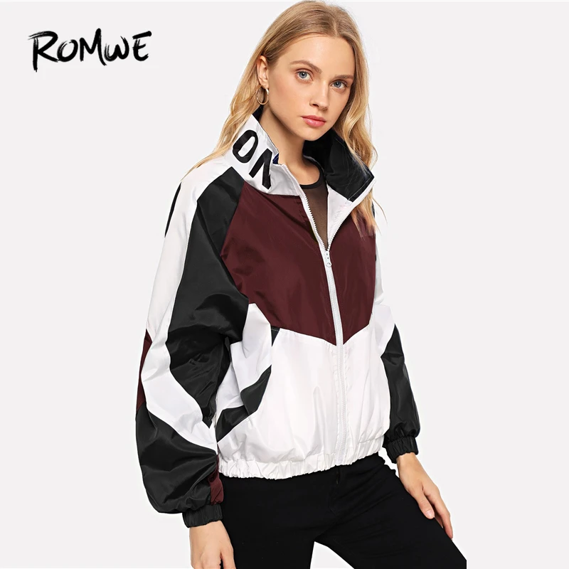 ROMWE Color Block Letter Print Jacket Women Autumn 2018 Clothing Casual Womens Jackets And Coats Female Stand Collar Outerwear ROMWE Color Block Letter Print Jacket Women Autumn 2018 Clothing Casual Womens Jackets And Coats Female Stand Collar Outerwear