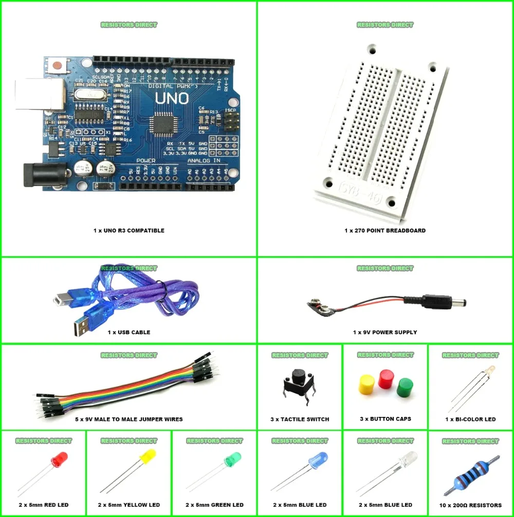 New Starter Kit UNO R3 Compatible include Breadboard LED Jumper Wire Button Battery Connector Resistors uno r3 board | Электроника