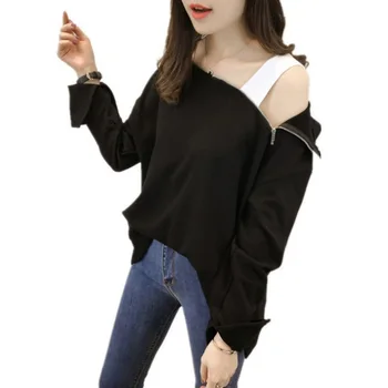 

Women Shoulder Bag Inclined Hooded Sweatshirt Black Cotton Long Sleeve Pullovers Hoodies Female Casual Loose Clothes Femme