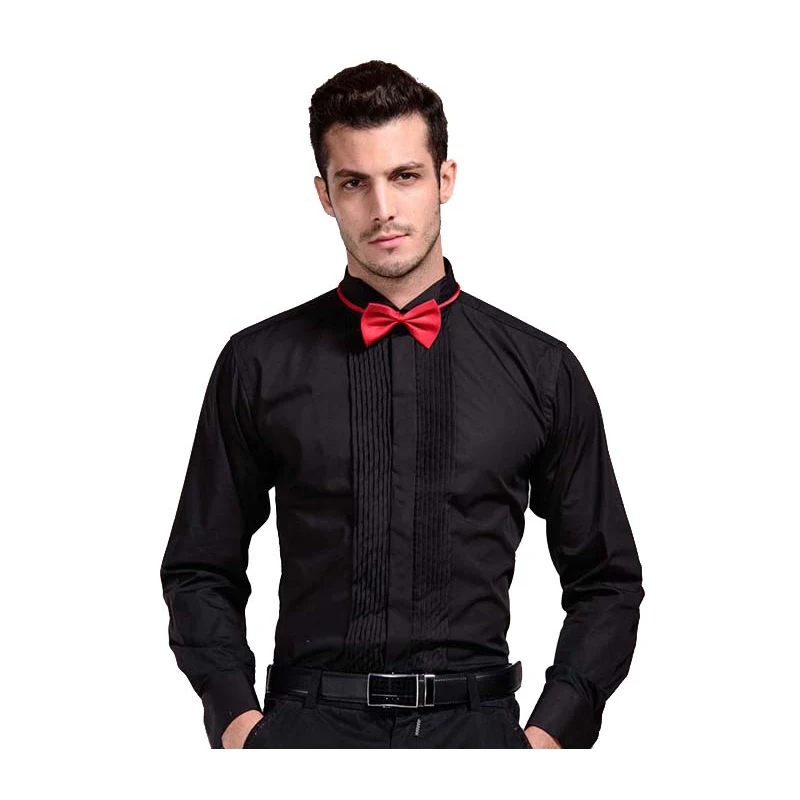 Shenrun, мужская рубашка с воротником-крылышком, длинный рукав, черный цвет, модные однотонные рубашки для жениха, бизнес-вечеринки, выпускного вечера, певец, костюмы для музыкантов - Цвет: shirt and bow tie