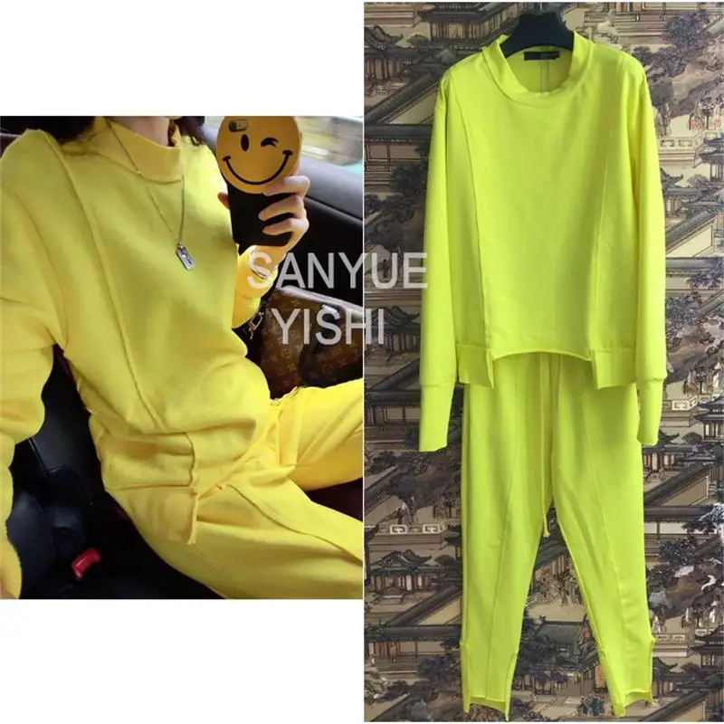 

Crop Top And Skirt Set Real O-neck Full Cotton None The New 2017 Europe Bright Yellow Fleece Leisure Suit Tide Women