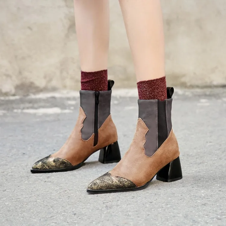 

Big Size 11 12 13 14 15 16 17 Chelsea boots with pointed short barrel horseshoe heel, high heel, color-matched side zipper