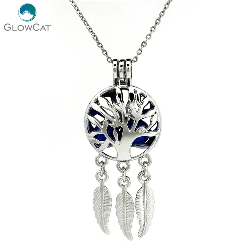 

K720 Silver Dream Catcher Tree Beaty leaf Pearl Cage Pendant chain Aroma Locket Necklace