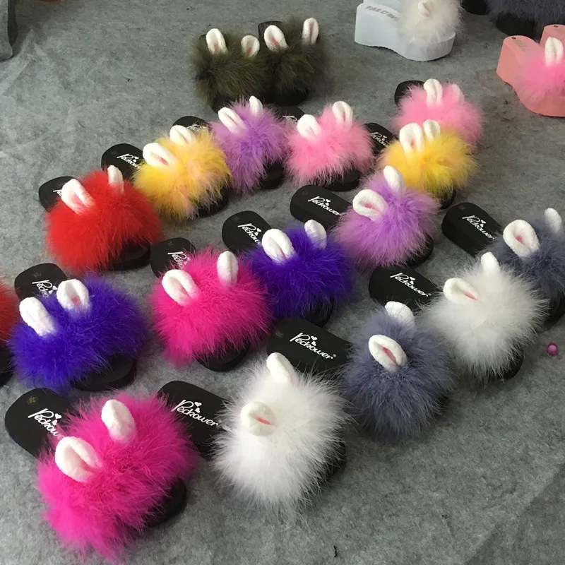 Rabbit Ear Ostrich Feather Slippers Women Summer With Fur Slides Shoes Sandals Beach Home Flip Flops Pantufas Zapatos Mujer 2018