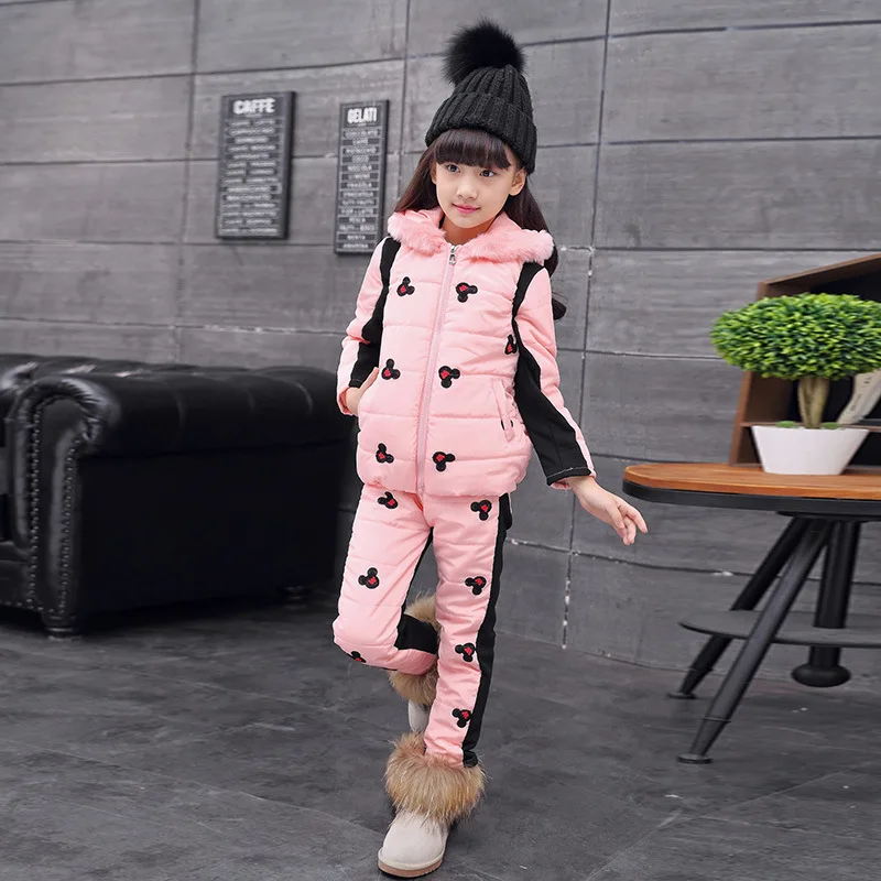 

Hot Baby Girl Winter Clothing Set 3piece Hooded Vest+Hoodies+Pants Kid Clothes Thicken Children Fleece Character Clothes Suit