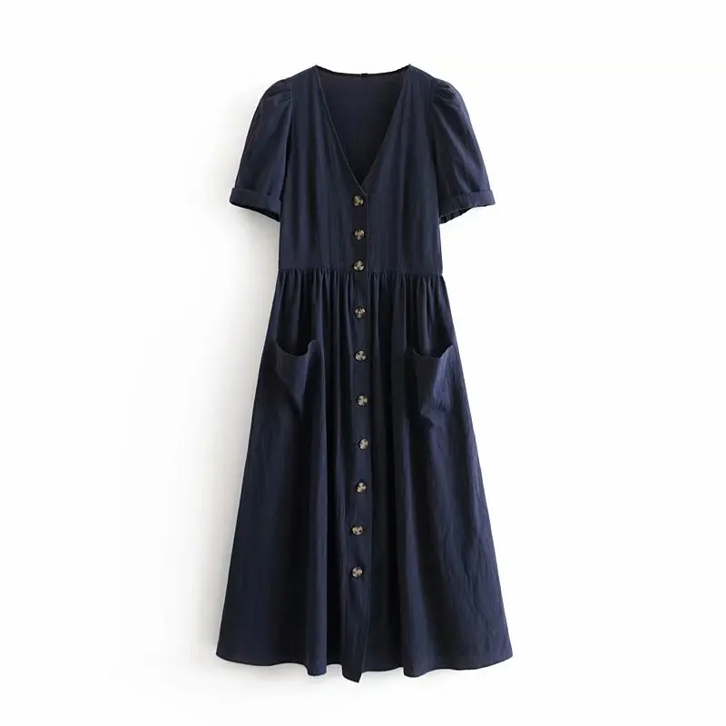 

Vintage Navy Blue Button Pockets Long Dress Fashion Elegant Women V-Neck Single Breasted Dresses Casual Ladies Vestidos