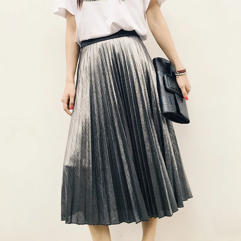 SETWIGG New Arrival Elastic Waist Pleated Novelty Metallic Midi Autumn