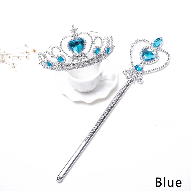 Новые 2 шт 1 комплект вечерние рождественские девочки милый ребенок тиара корона принцессы Эльза волшебные палочки классический кулон в форме сердца головные уборы аксессуары - Цвет: Синий