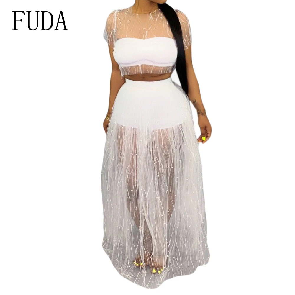 

FUDA Sexy Beaded Transparent Mesh Dress White Long Section Vestido Summer Women Casual Short Sleeve O Neck Holiday Beach Dresses