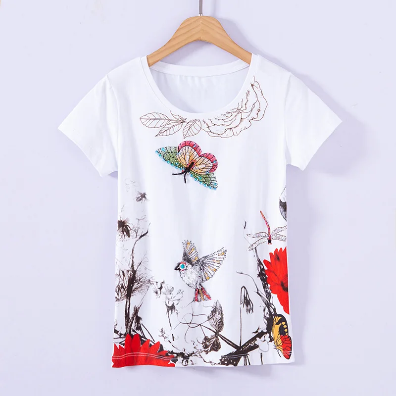 Модная летняя футболка женская одежда топы расшитые бисером Алмазные блестки с принтом бабочки Футболка женская одежда размера плюс 4XL - Цвет: Белый