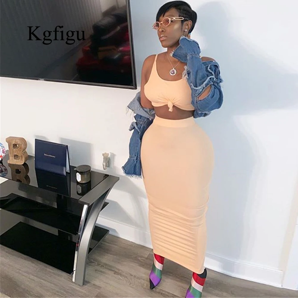 

KGFIGU Knit Women sets 2019 summer two piece set Casual camis two piece outfits sexy high waisted long skirt set High quality