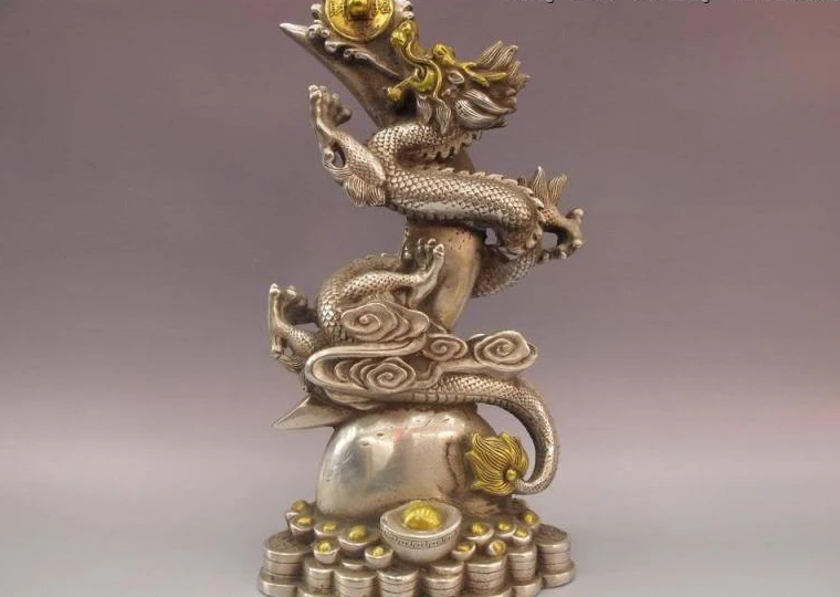 

Chinese White Copper Silver Feng Shui Lucky Wealth Yuanbao Coin Dragon Statue