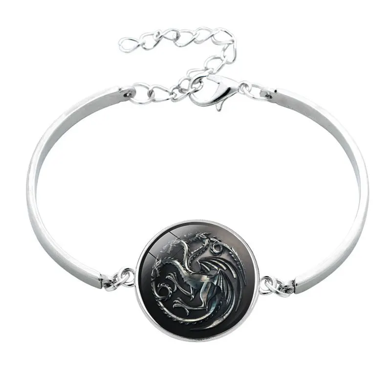 

NingXiang Game of Thrones Glass Cabochon Jewelry Cuff Bracelet Bangle Black Stark Wolf Lion Dragon Badge Bracelet for Women Mens
