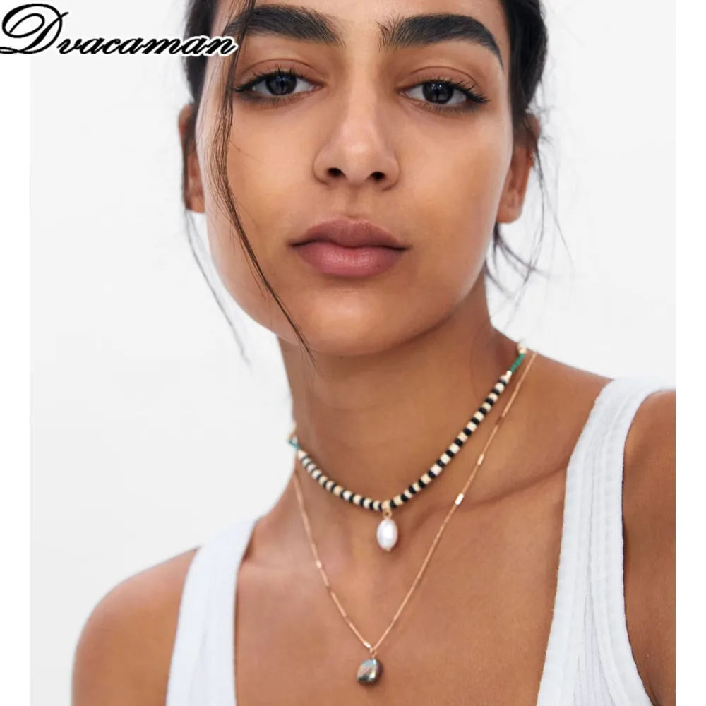 

Dvacaman 2019 New ZA 2 /PCS Set Beads Pendant Necklace for Women Vintage Gold Link Chain Choker Necklace Party Pearl Jewelry