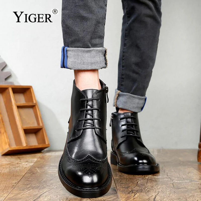 YIGER/Новые мужские ботинки из натуральной кожи мужские повседневные сапоги больших размеров ботинки из воловьей кожи на шнуровке Мужская черная обувь на весну/осень 0007