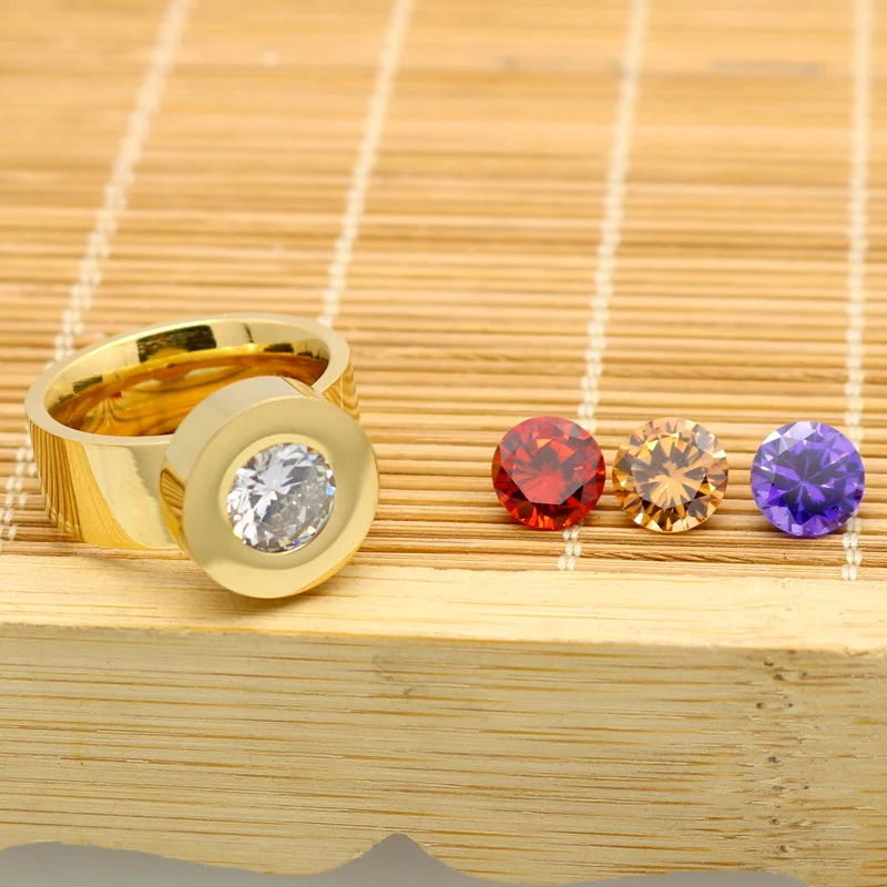 Wedding Rings New Trendy Gold 4 Color Zircon Crystal Round Stone Ring For Women Female 316L Stainless Steel Ring Male Brand Wedding Jewelry