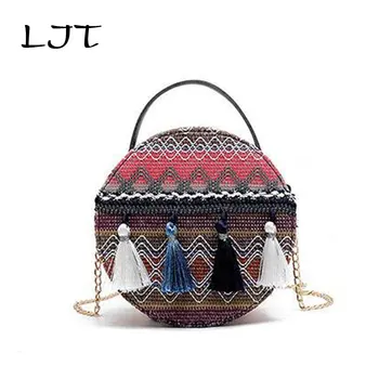 

LJT Hand-woven Round Woman's Shoulder Bag Handbag Bohemian Summer Straw Beach Bag Tassel Chain Shoulder Travel Bag Bolsos Mujor