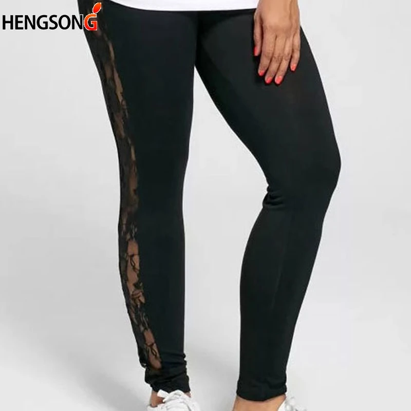Plus Size XL 3XL Women Legging High Waist Sexy Lace Patchwork Hollow