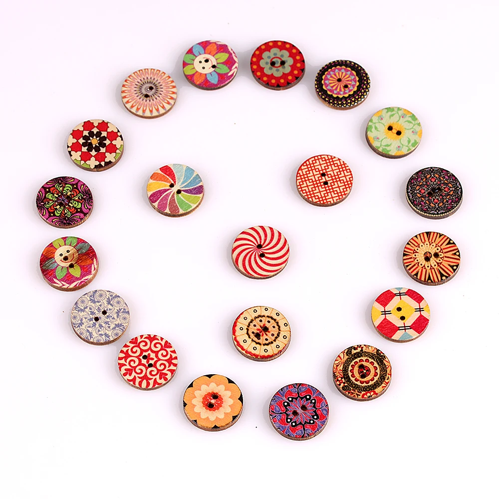 

100Pcs/Pack Fashion Colorful Mixed Luxury Flowers 2 Holes Round Wood Buttons Scrapbooking Sewing Buttons DIY Craft 20mm