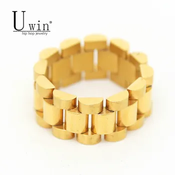 

UWIN Hip hop Men Stainless steel Chain Ring Punk Style Gold color Three Row Watch Strap Golden Rings Fashion Party Jewelry